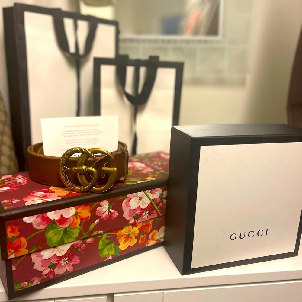 Gucci Brown Leather belt with Double G buckle with snake